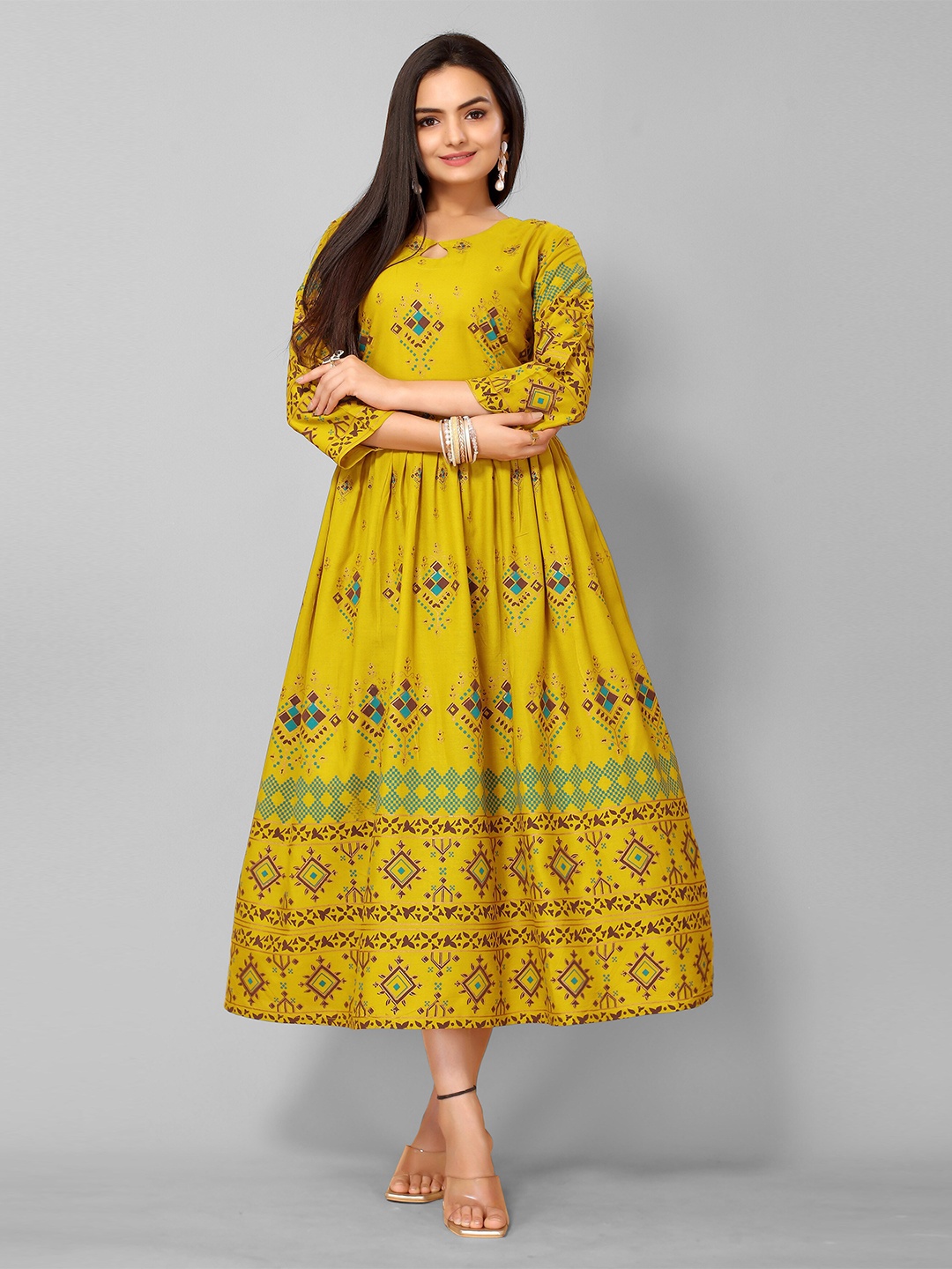 

KALINI Mustard Yellow Floral Ethnic Midi Dress