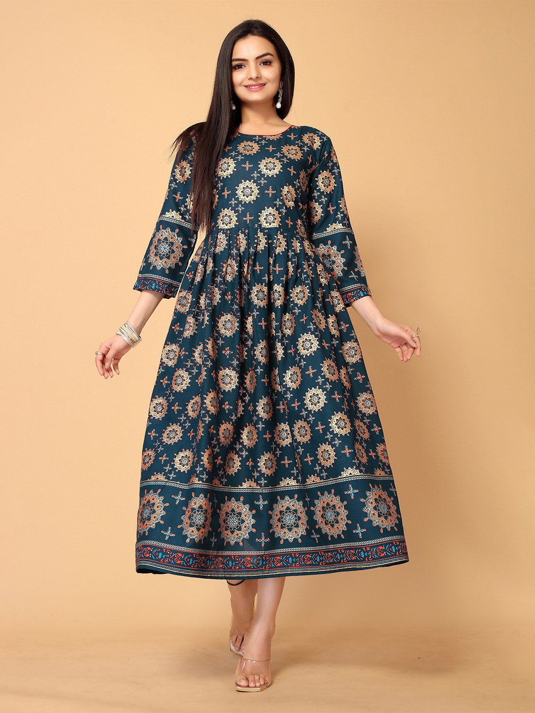 

all about you Teal Floral Ethnic Dress