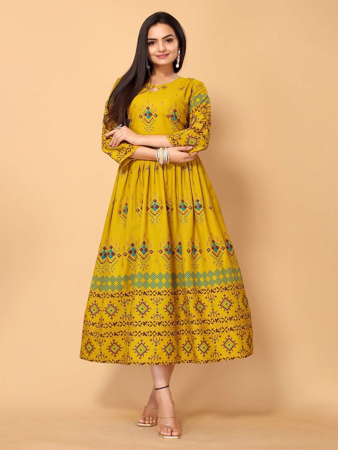 

all about you Mustard Yellow Floral Ethnic Midi Dress