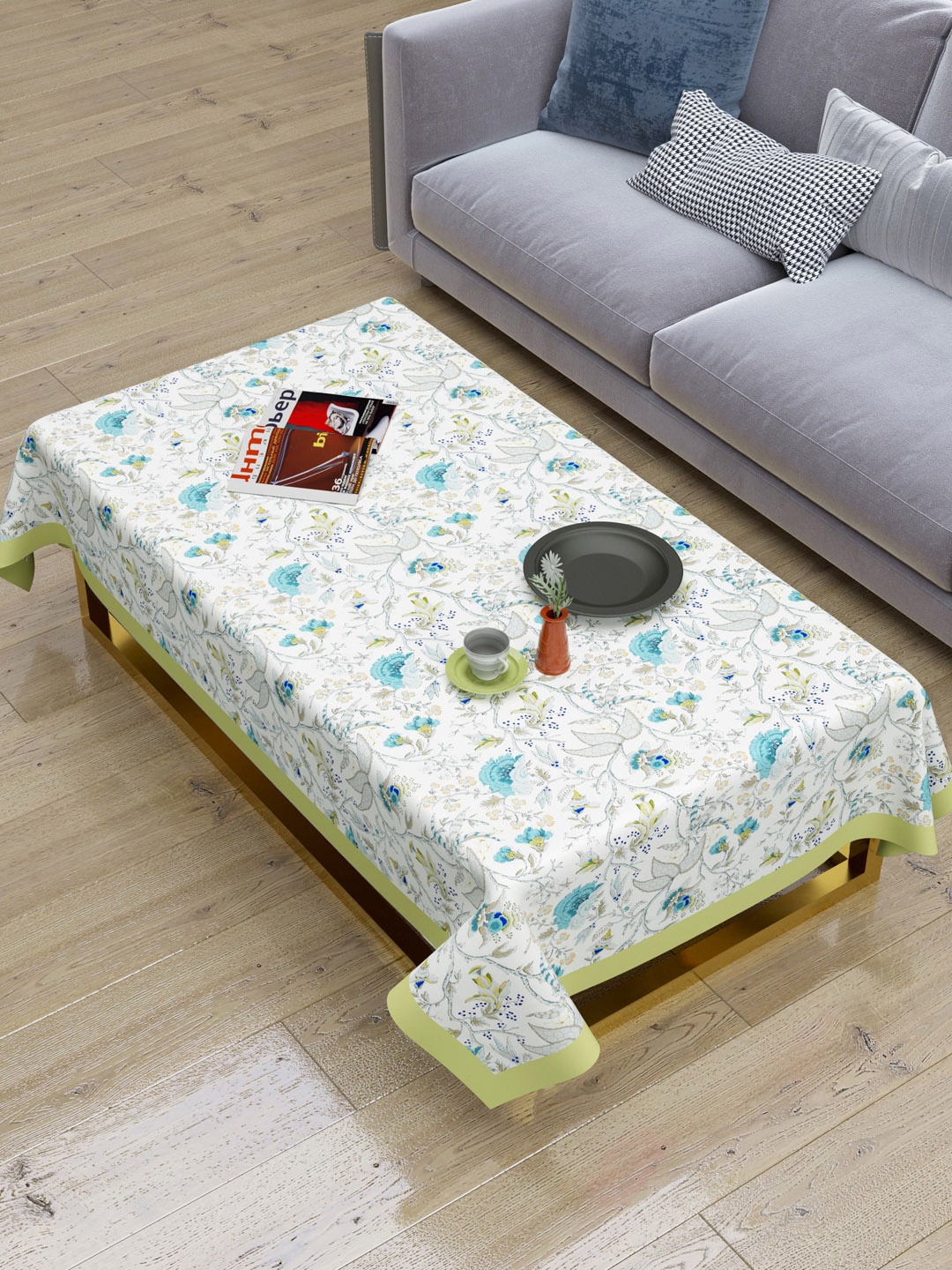 

Clasiko White & Grey Printed Cotton Table Covers, Teal