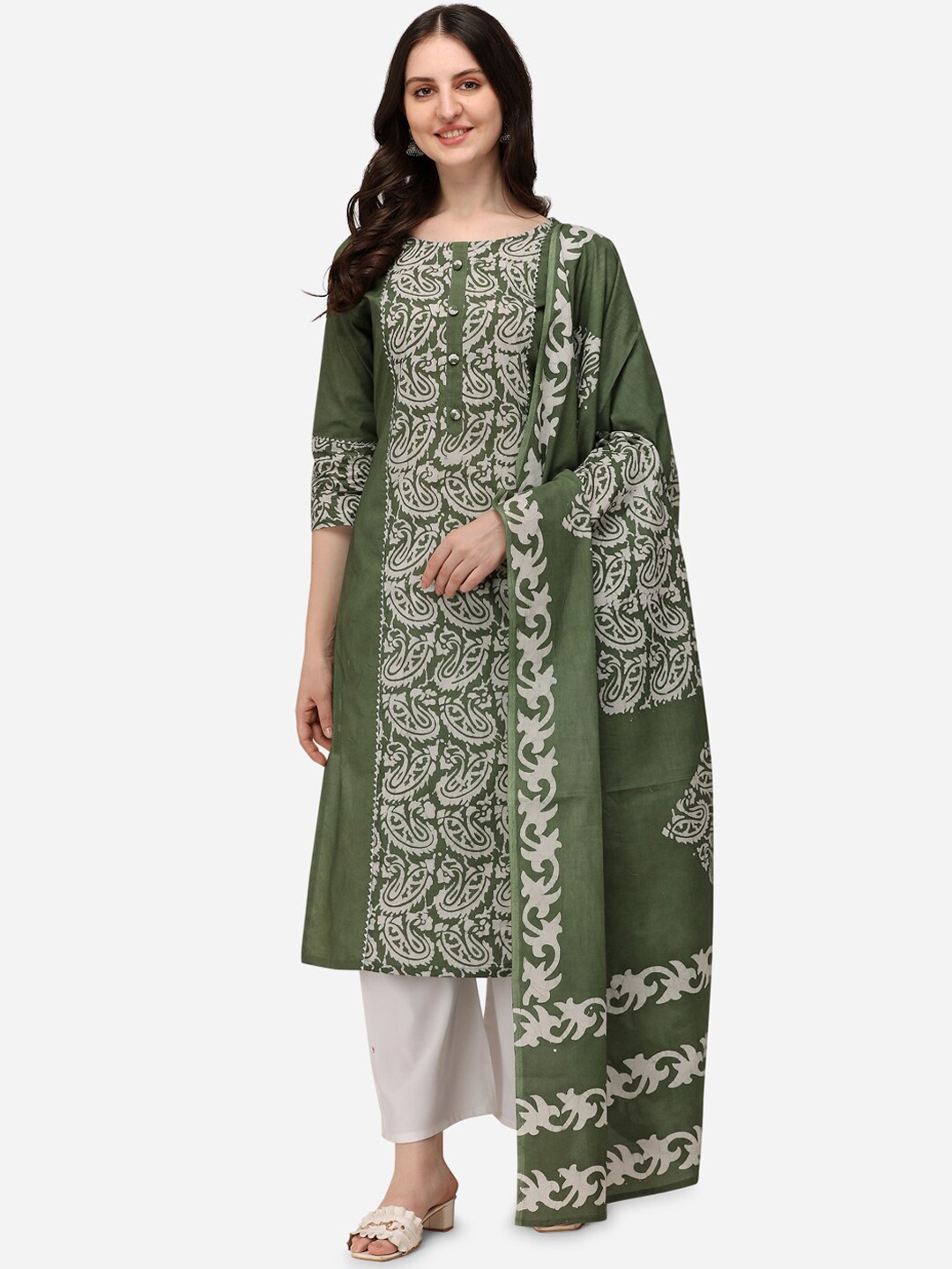 

Sitaram Designer Green Batik Print Straight Cotton Kurta Dupatta set