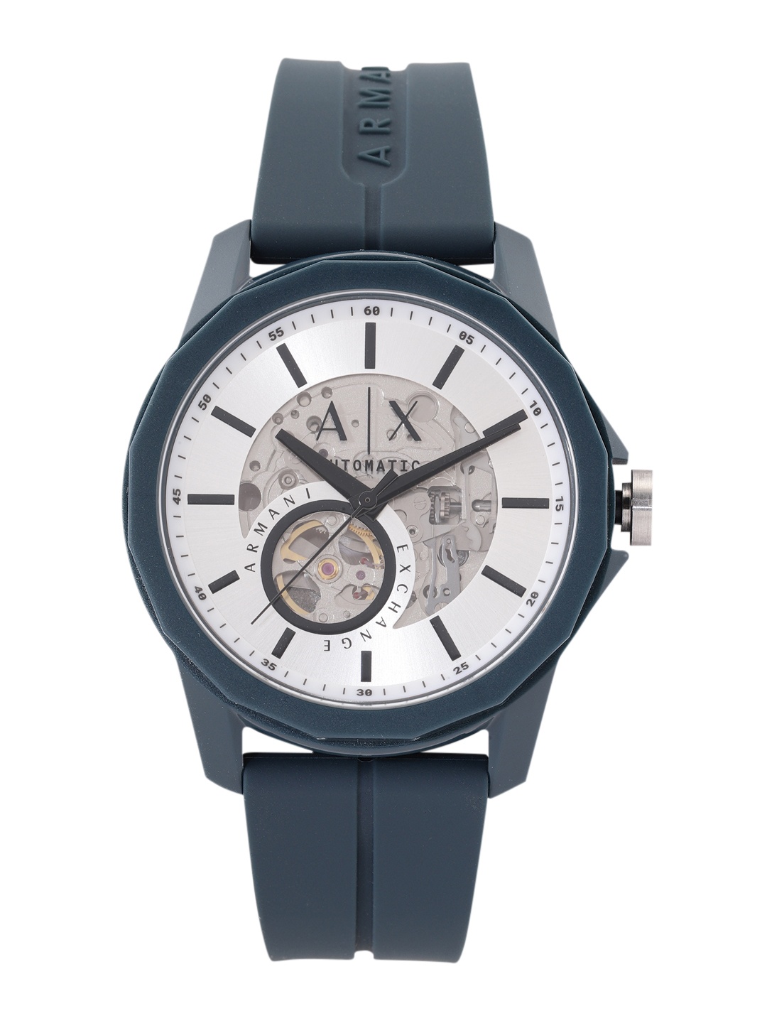 

Armani Exchange Men Silver-Toned Skeleton Dial Automatic Motion Powered Watch AX1727