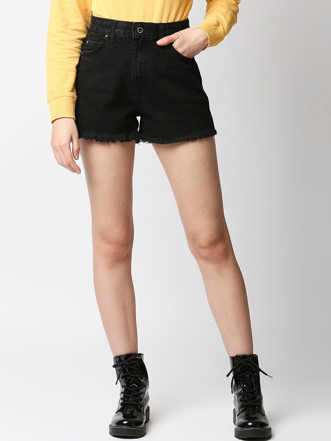 

LOVEGEN Women Black High-Rise Denim Shorts