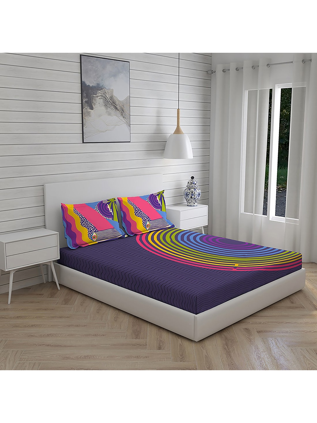 

Boutique Living India Purple & Pink Ethnic Motifs 200 TC King Bedsheet with 2 Pillow Covers