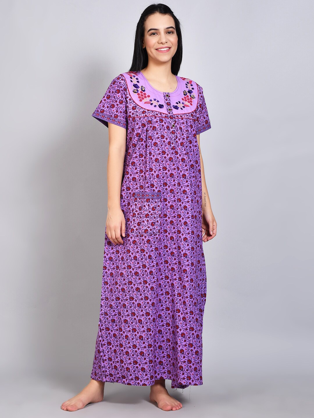 

FLAVIDO Purple Printed Maxi Nightdress