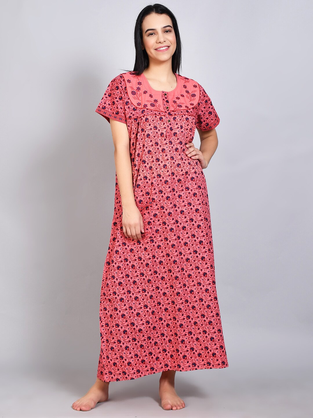 

FLAVIDO Red Printed Maxi Nightdress