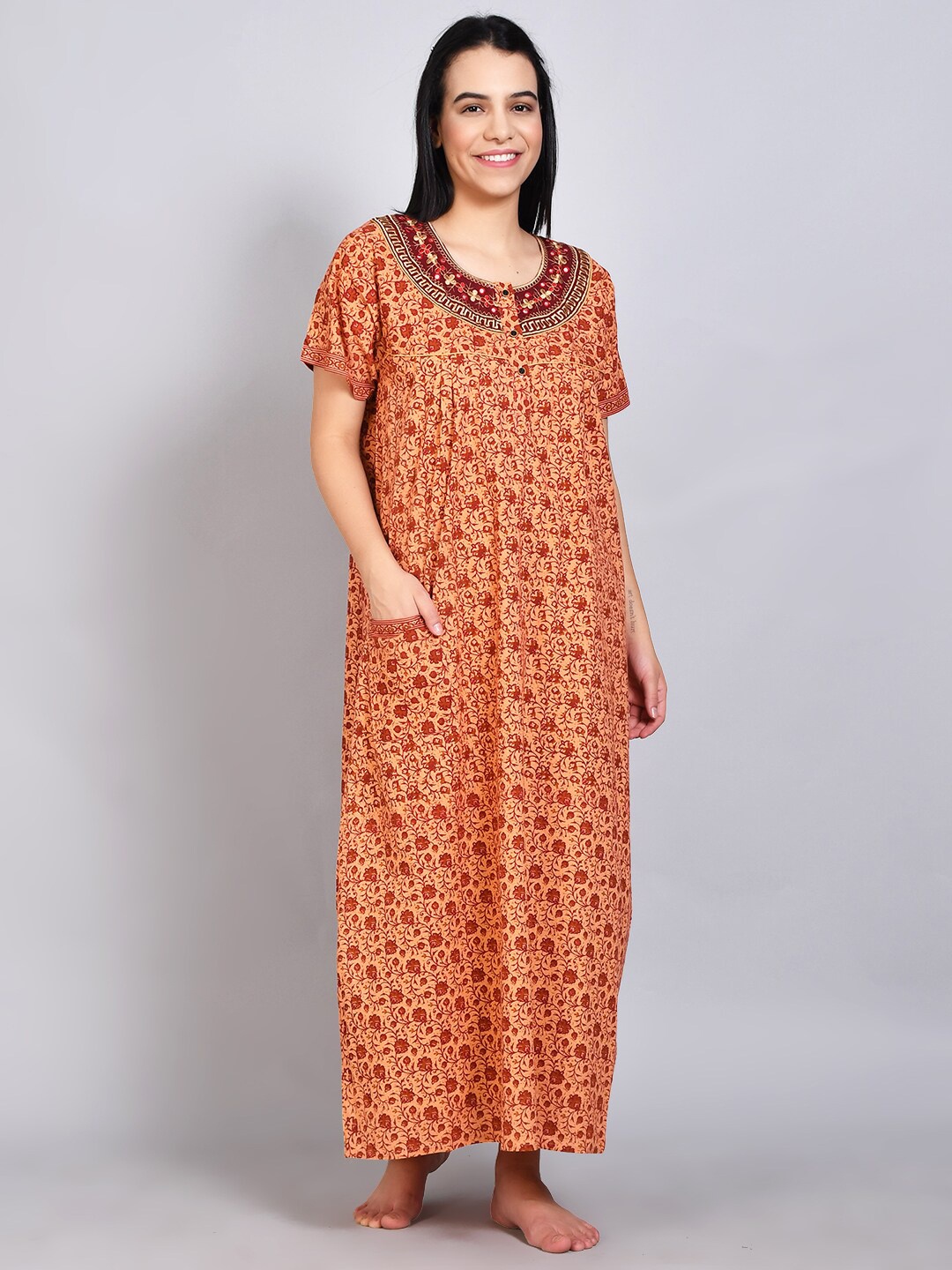 

FLAVIDO Orange Printed Maxi Nightdress