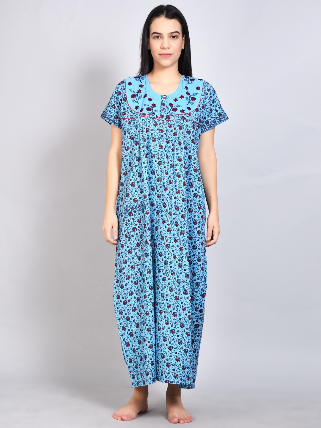 

FLAVIDO Blue Printed Maxi Nightdress