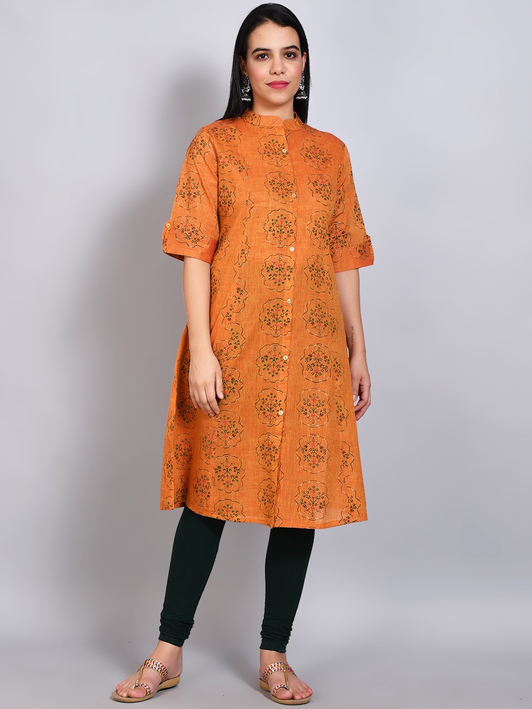 

FLAVIDO Women Mustard Yellow Ethnic Motifs Printed Thread Work Kurta