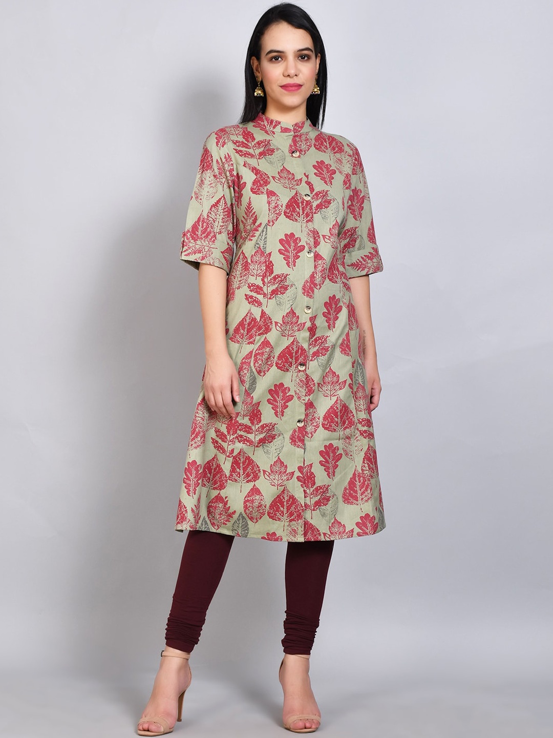 

FLAVIDO Women Green Ethnic Motifs Printed Flared Sleeves Thread Work Kurta