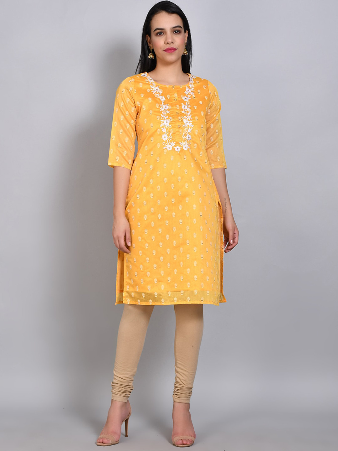 

FLAVIDO Women Yellow Ethnic Motifs Printed Thread Work Chanderi Silk Kurta