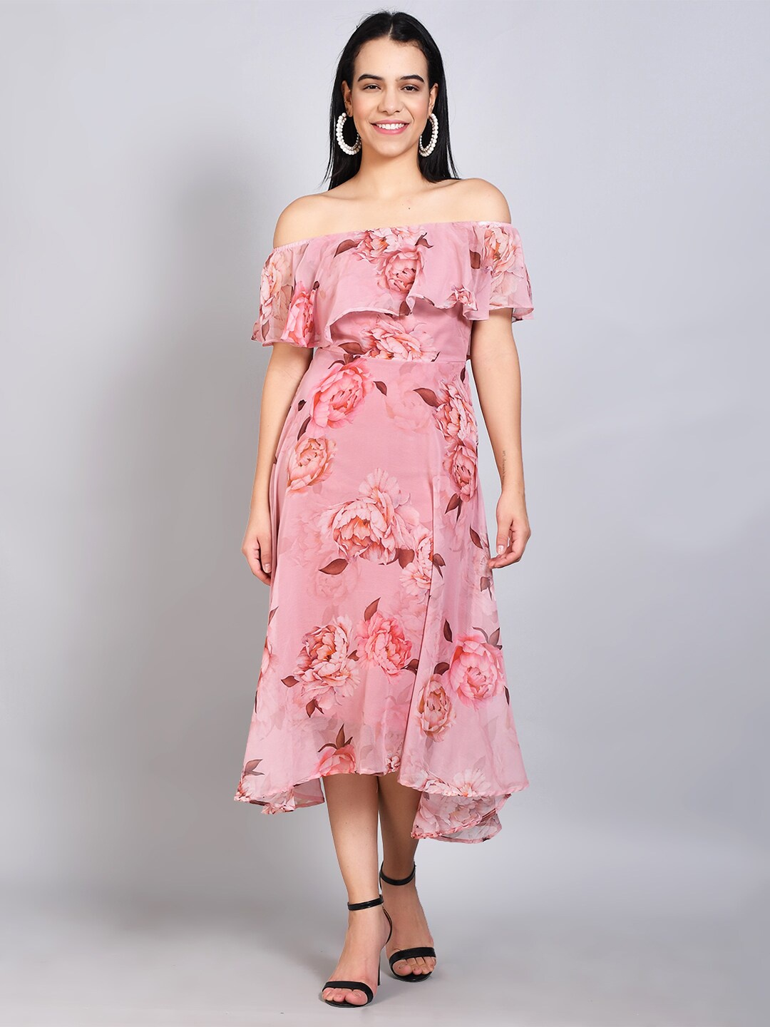

FLAVIDO Peach-Coloured Floral Off-Shoulder Georgette Midi Dress
