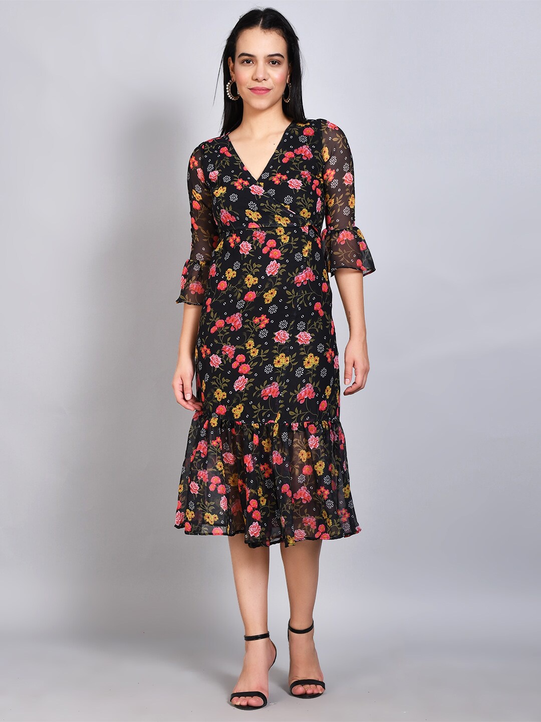 

FLAVIDO Black Floral Georgette Midi Dress