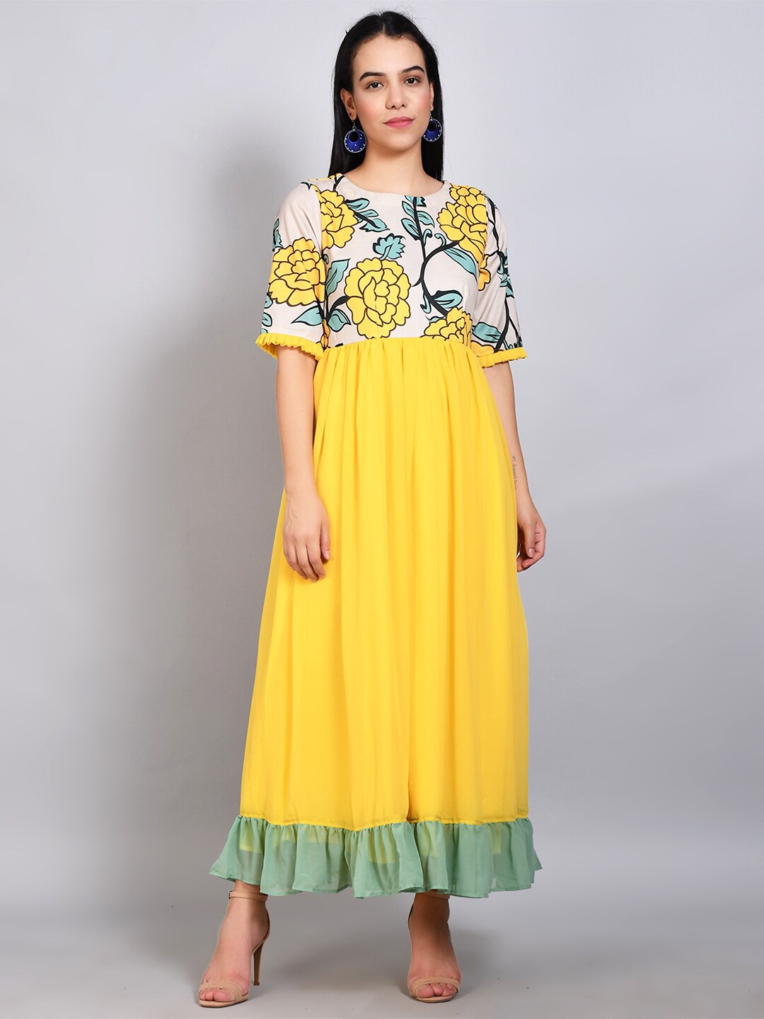

FLAVIDO Yellow Floral Georgette Maxi Dress