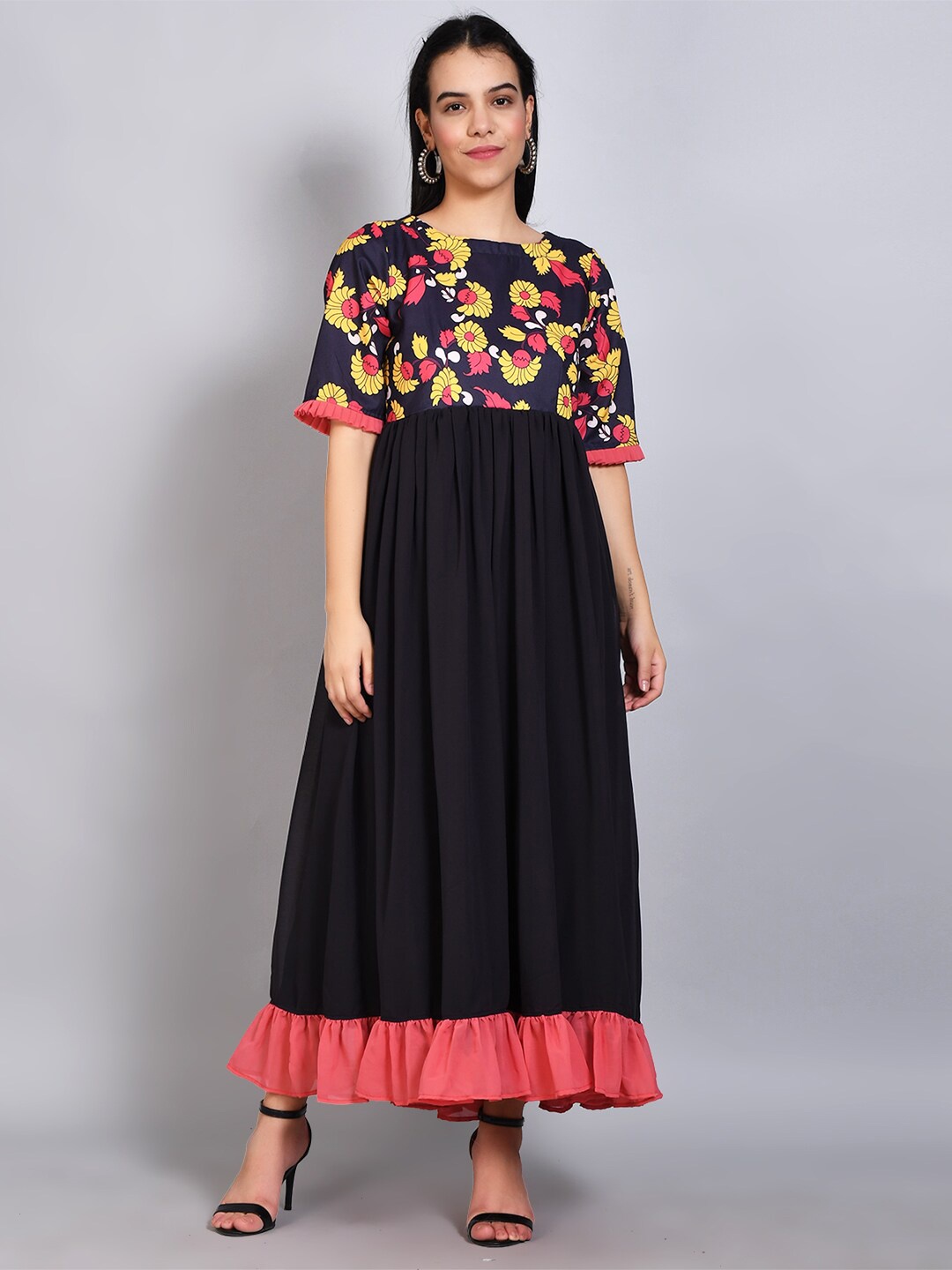 

FLAVIDO Grey Floral Keyhole Neck Georgette Maxi Dress