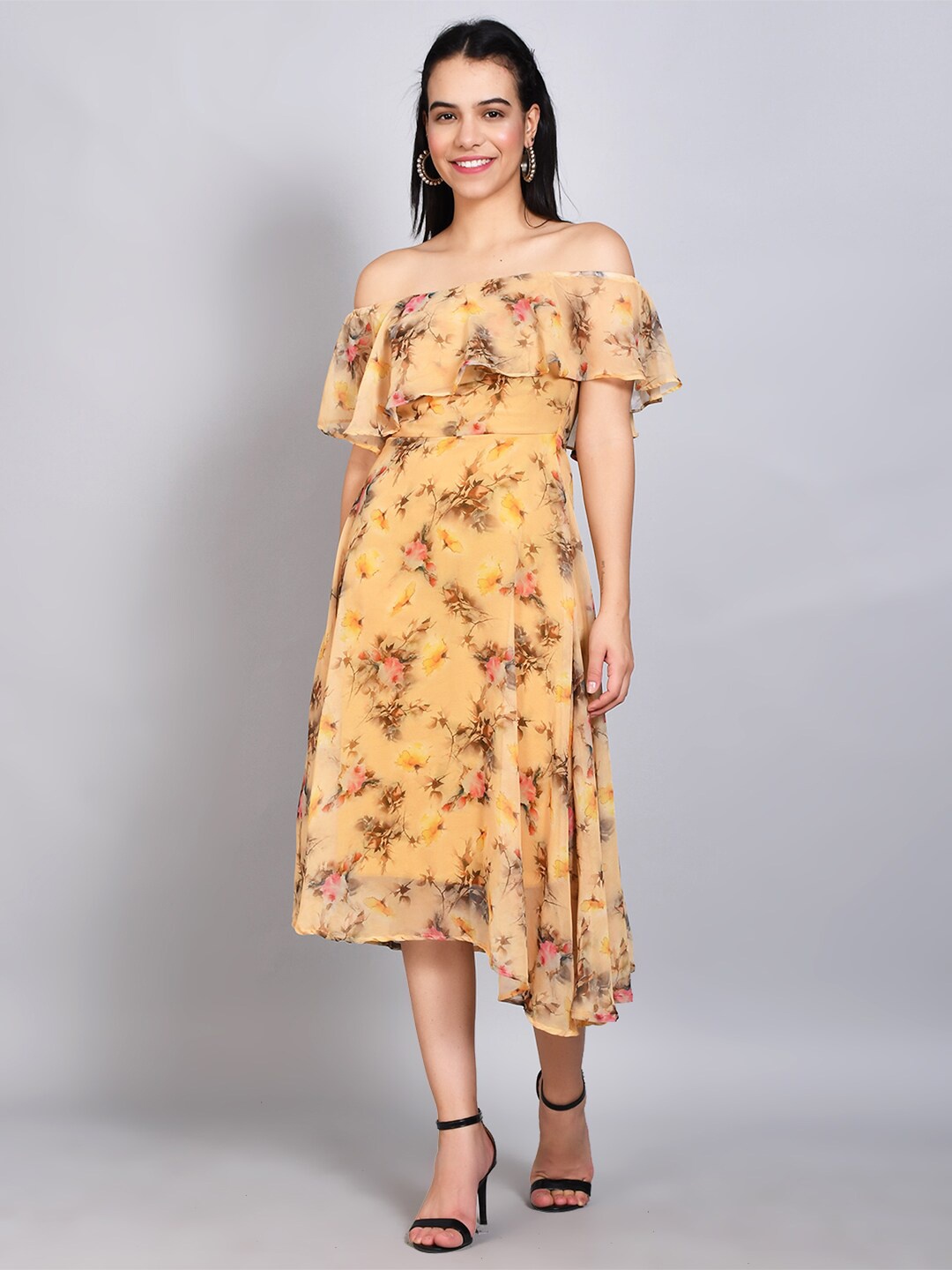 

FLAVIDO Yellow Floral Off-Shoulder Georgette Midi Dress