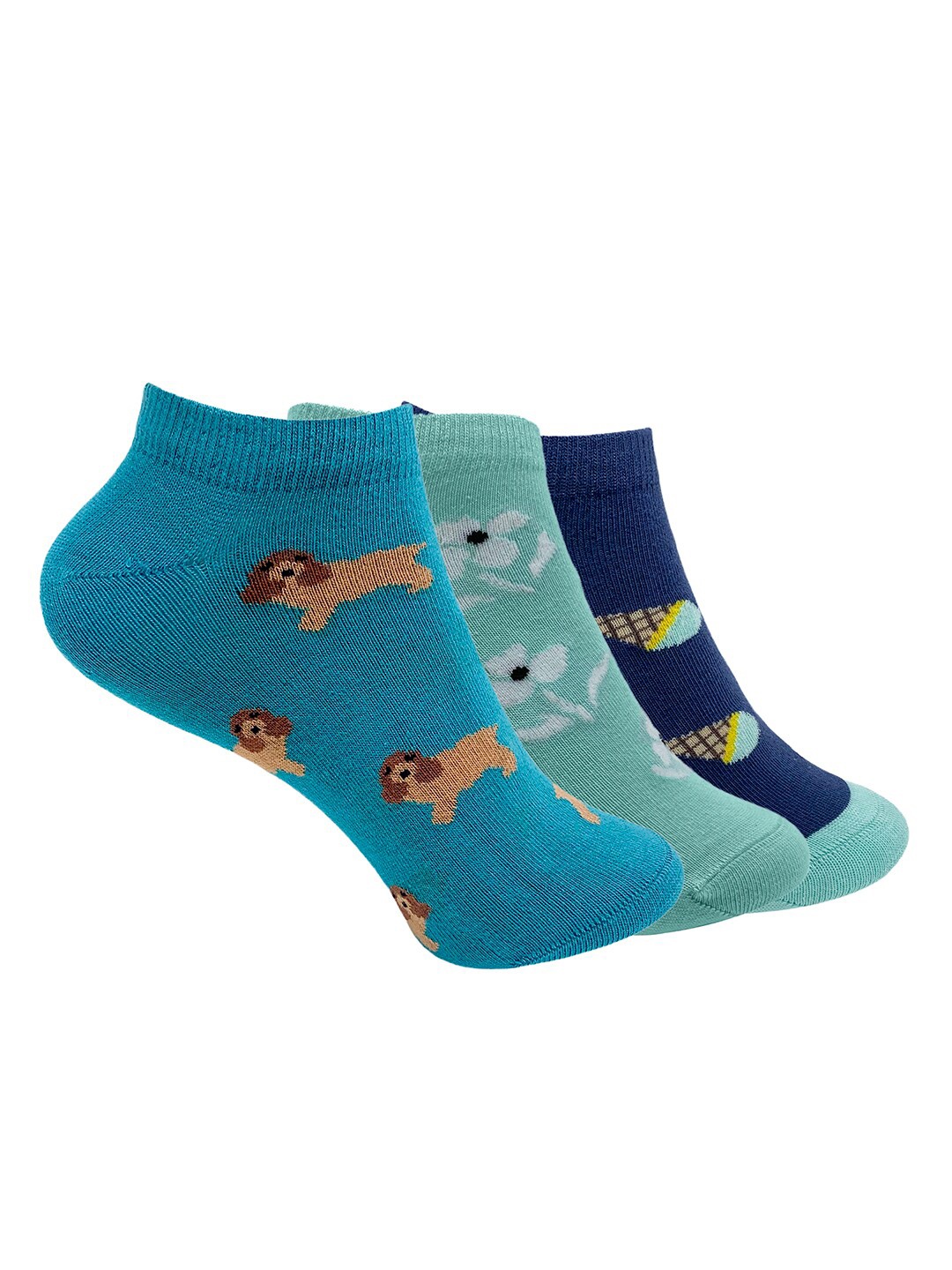 

Mint & Oak Women Pack Of 3 Patterned Ankle-Length Socks, Blue