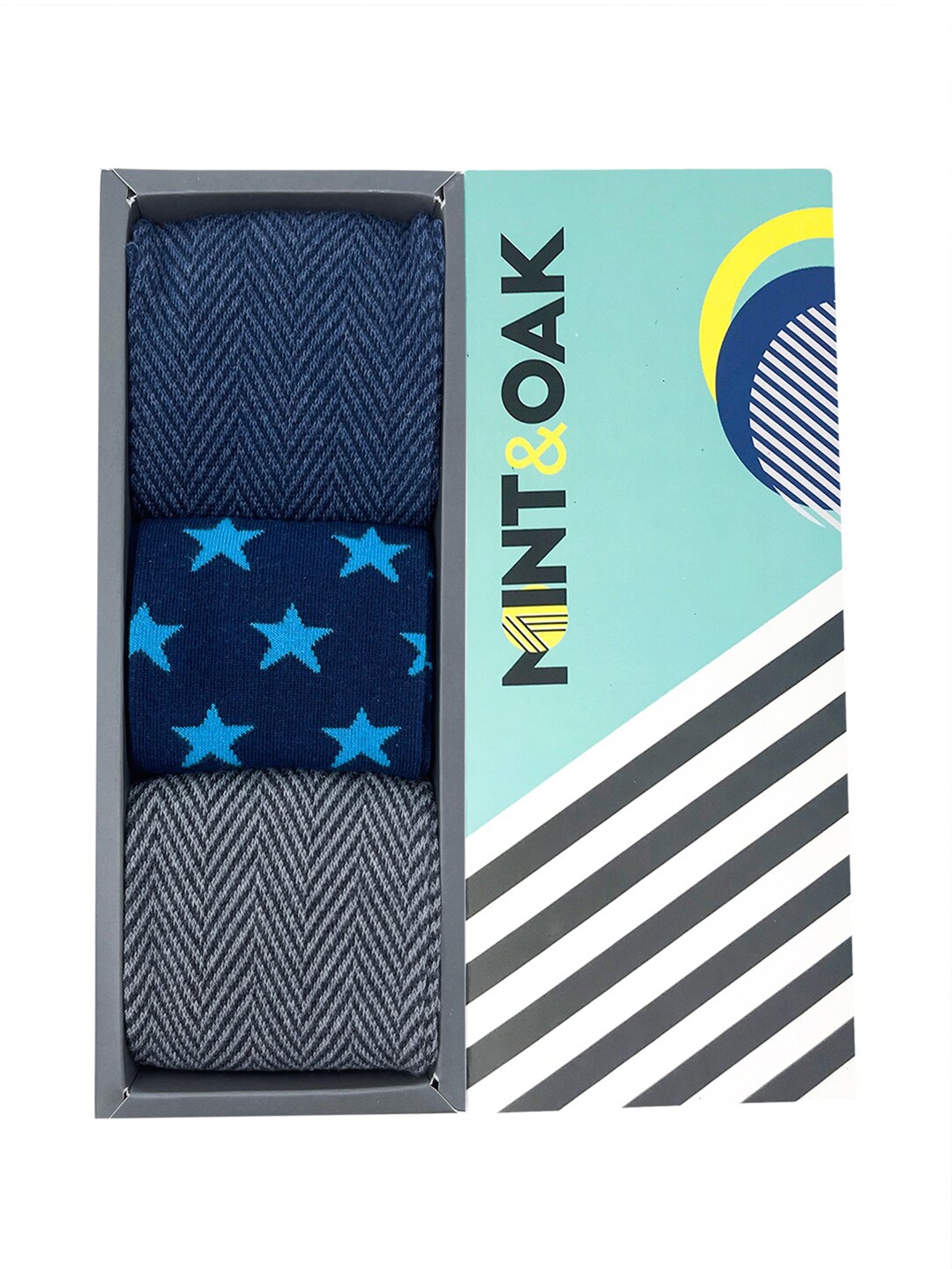 

Mint & Oak Men Set Of 3 Patterned Calf-Length Socks, Blue
