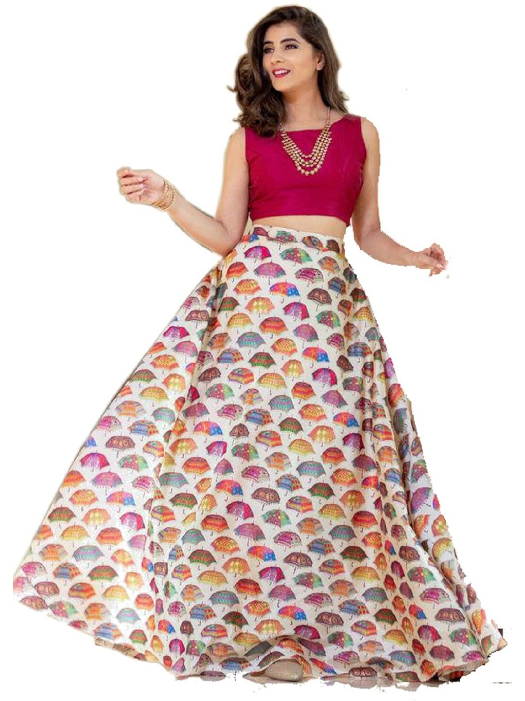 

LOOKFIELD White & Red Foil Print Semi-Stitched Lehenga & Unstitched