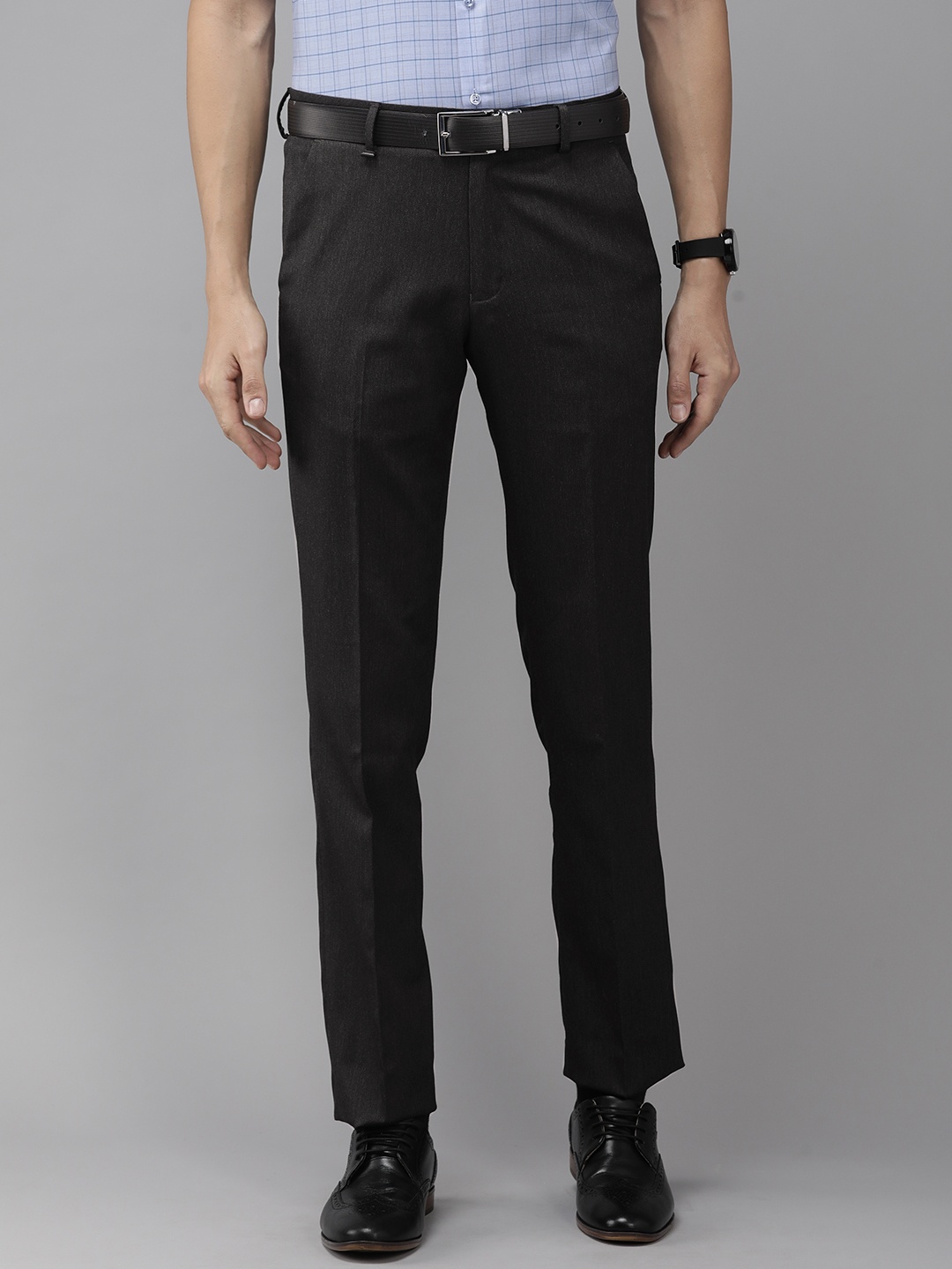 

Van Heusen Men Charcoal Grey Textured Slim Fit Formal Trousers