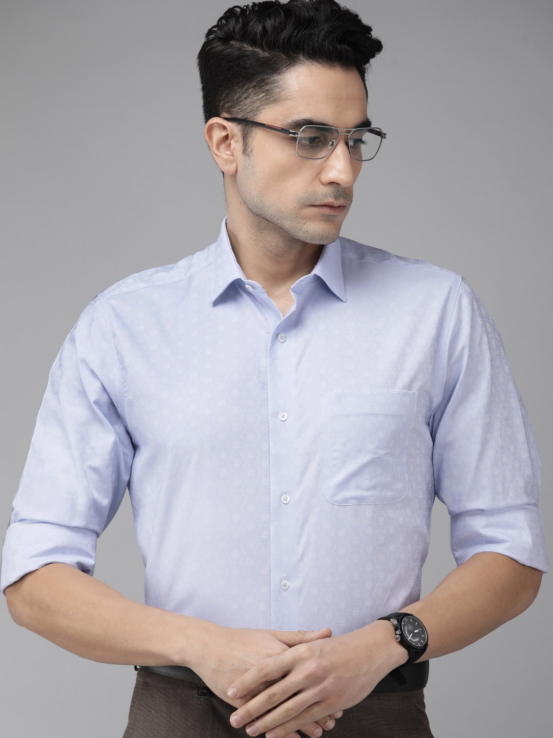 

Van Heusen Men Blue & White Self-Design Custom Fit Pure Cotton Formal Shirt