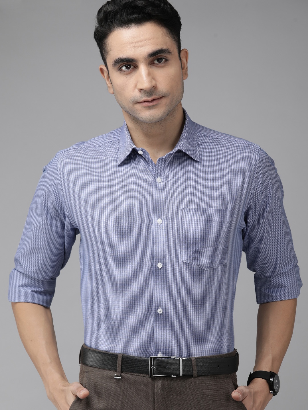 

Van Heusen Men Blue & White Self-Design Custom Fit Pure Cotton Formal Shirt