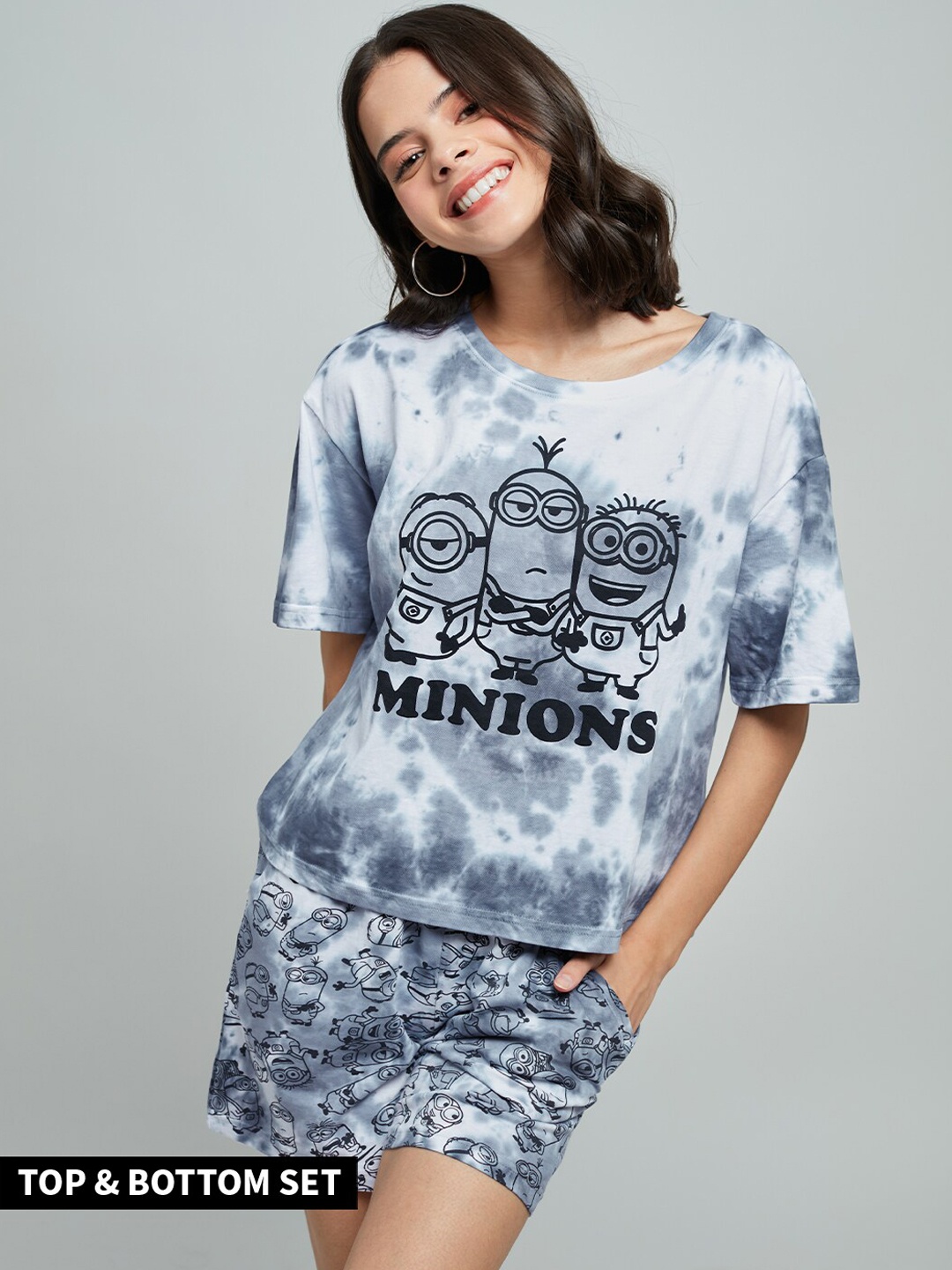 

The Souled Store Women Grey Tie-Dye Minions Printed Pure Cotton Co-Ords