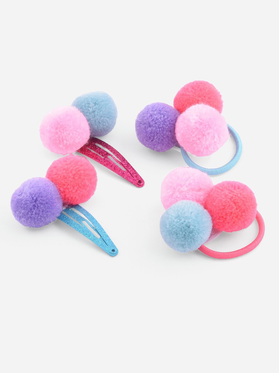 

Toniq Kids 4 Pcs Multicoloured Pom Pom Hair Clip & Rubber Band Set, Pink