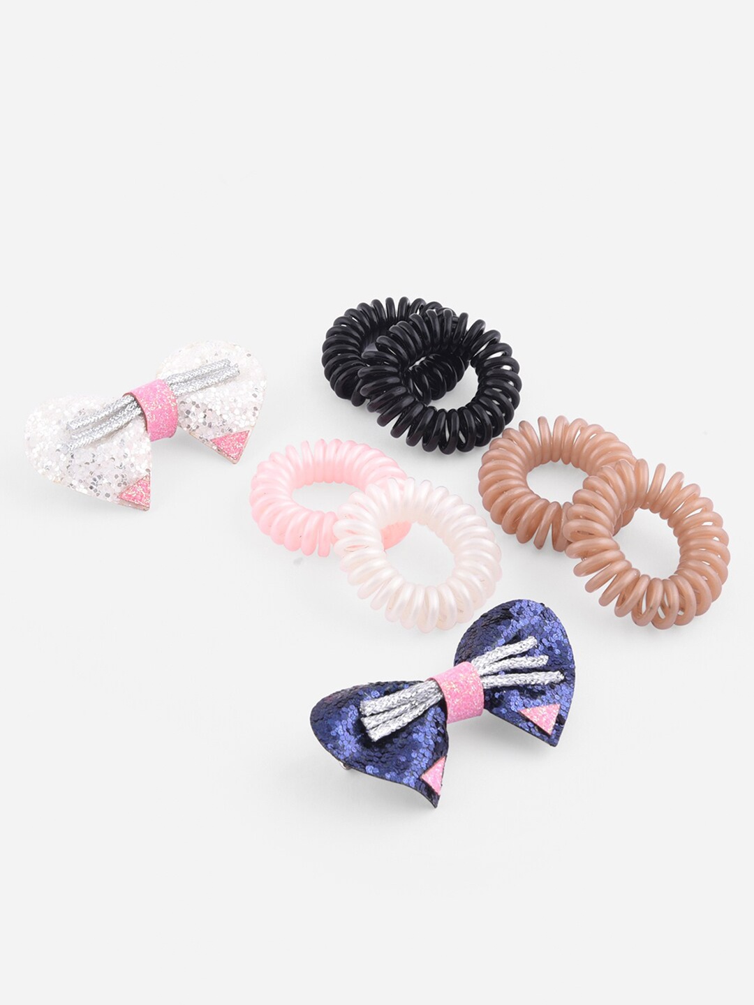 

Toniq Kids Set Of 8 Multicolor Glitter Cat Meow Bow Hair Clip & Spiral Rubber Band Set, White