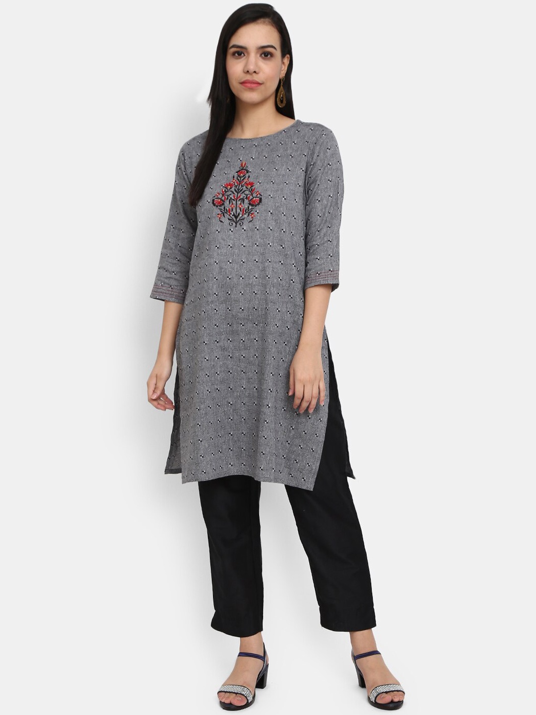 

V-Mart Women Grey & purple ash Ethnic Motifs Striped Thread Work Kurta