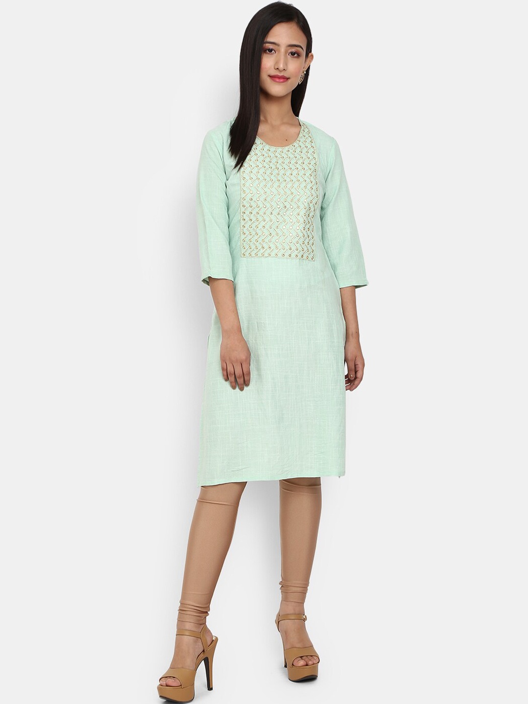 

V-Mart Women Green & clearly aqua Geometric Embroidered Thread Work Kurta
