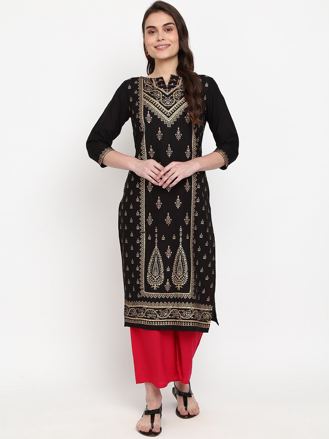 

V-Mart Women Black & brown Ethnic Motifs Printed Flared Sleeves Kurta