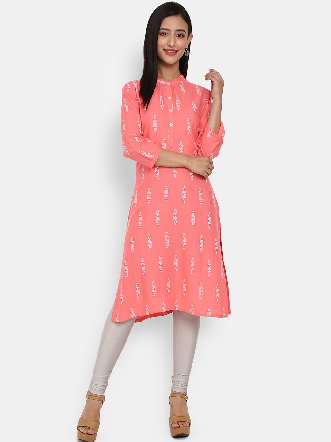 

V-Mart Women Peach-Coloured & tulip Ethnic Motifs Printed Thread Work Kurta