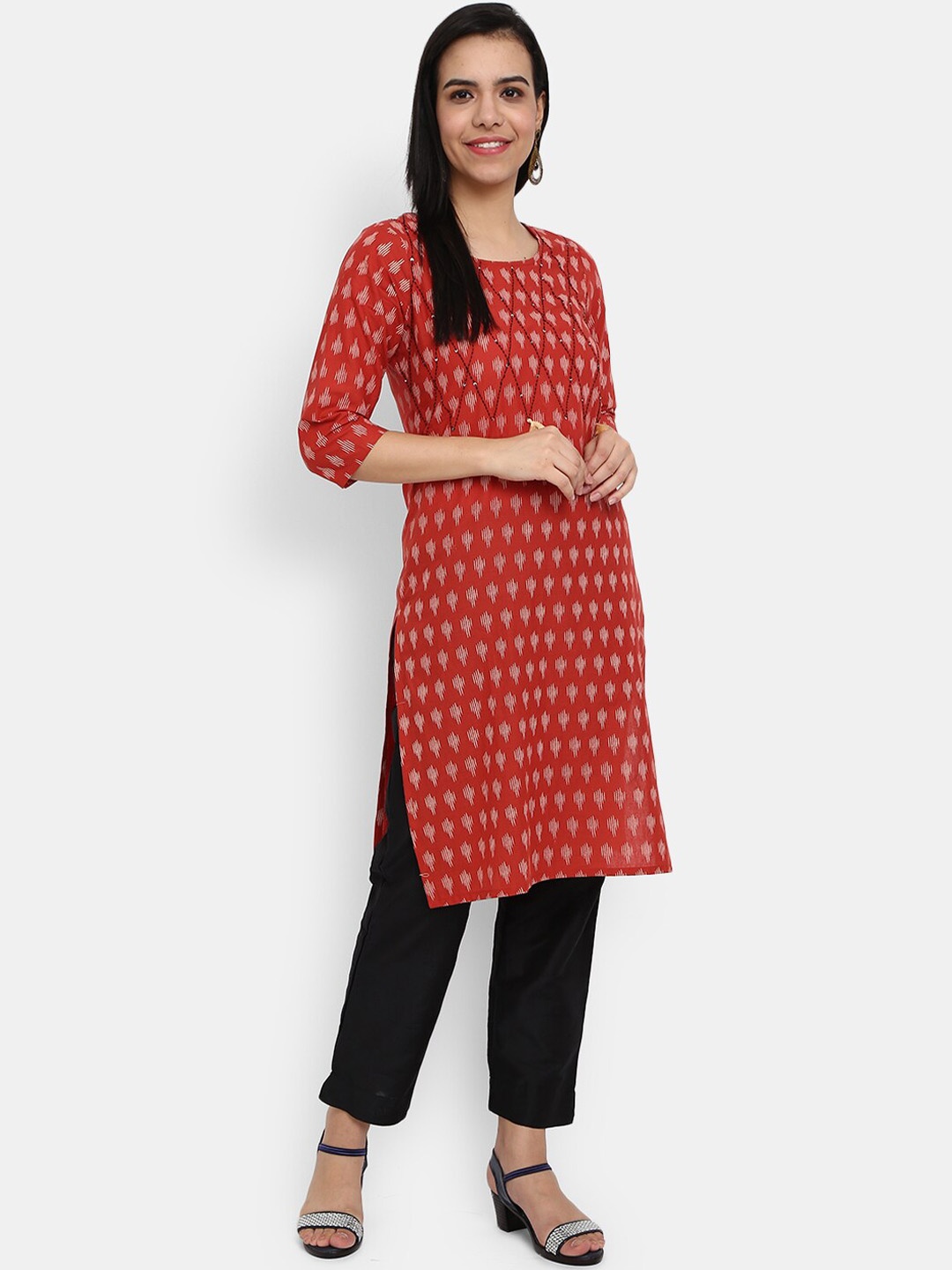 

V-Mart Women Rust Geometric Printed Thread Work Kurta