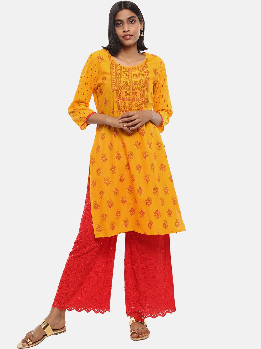 

V-Mart Women Mustard Yellow & cadmium yellow Quirky Thread Work Kurta