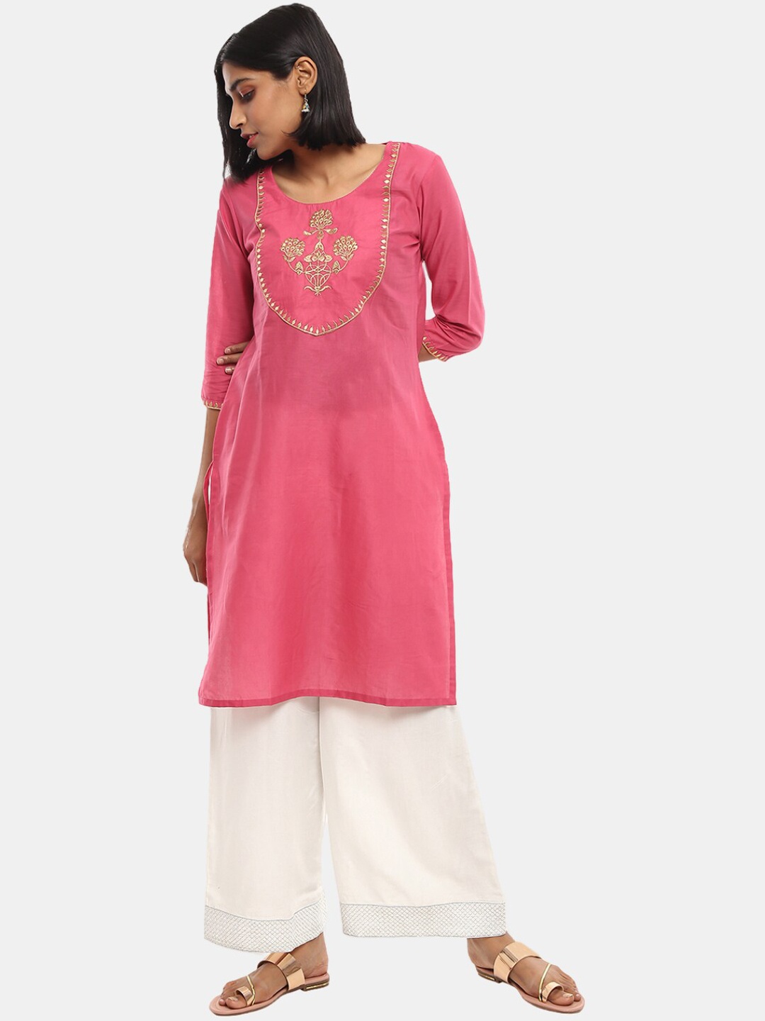 

V-Mart Women Multicoloured & sunkist coral Yoke Design Thread Work Kurta, Multi