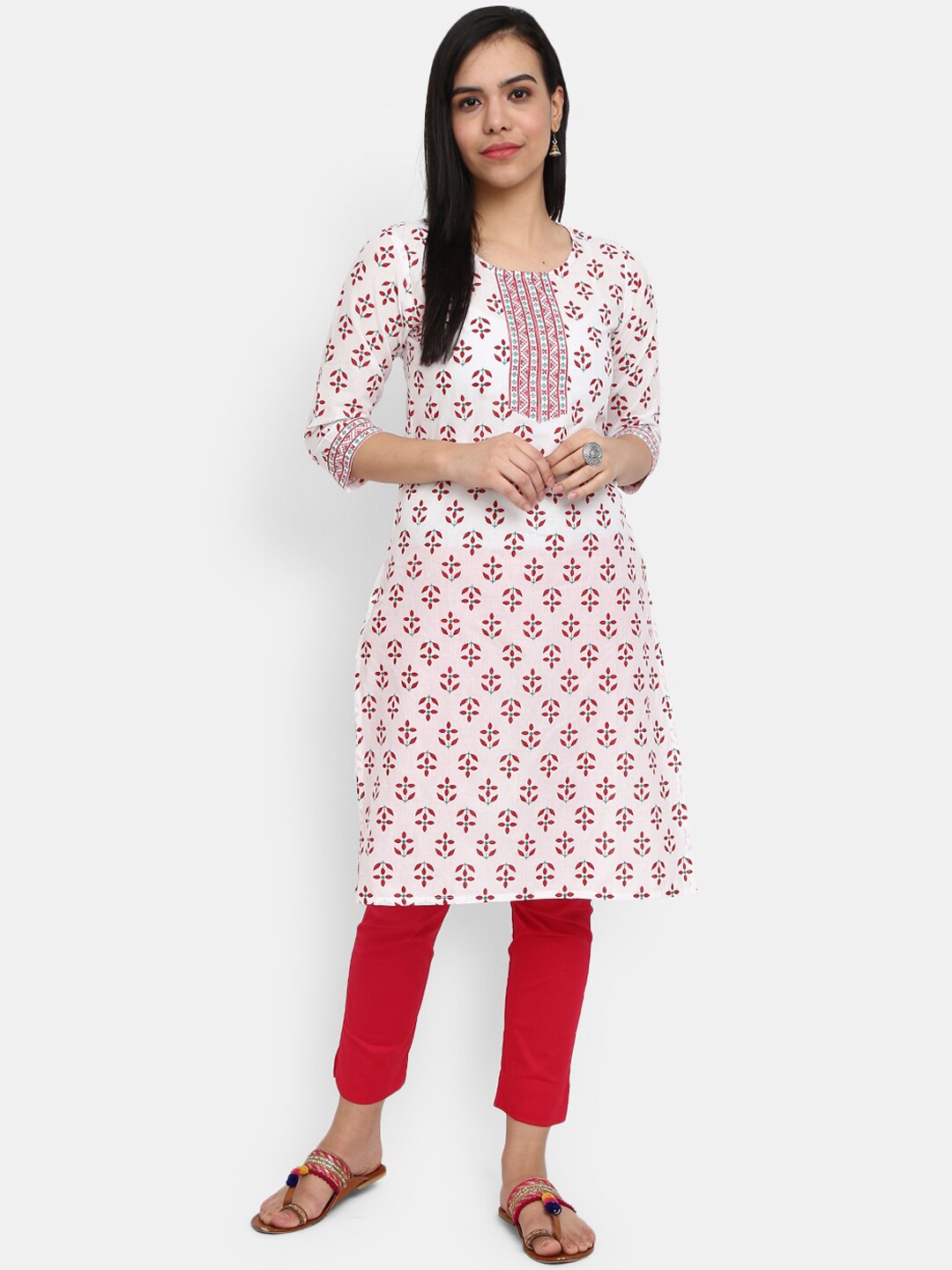 

V-Mart Women White Floral Printed Thread Work Kurta