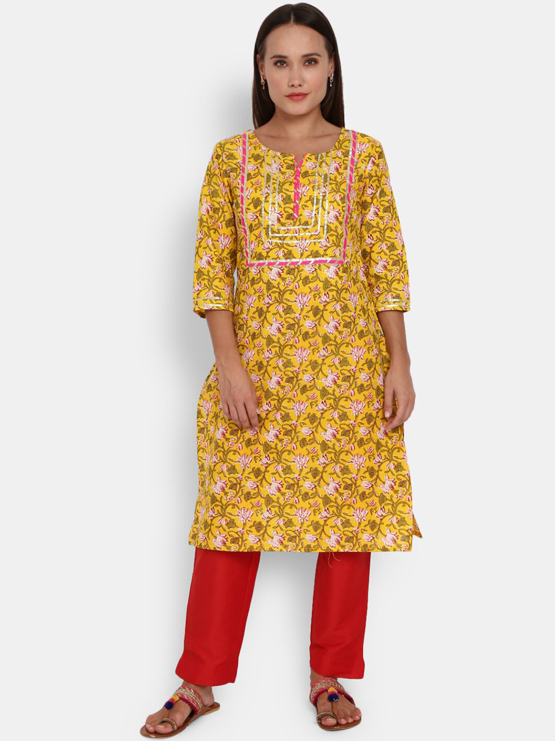 

V-Mart Women Yellow & meat brown Floral Printed Mirror Work Kurta