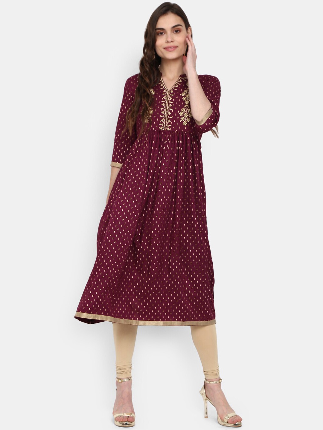 

V-Mart Women Magenta & light chocolate cosmos Ethnic Motifs Printed Anarkali Kurta