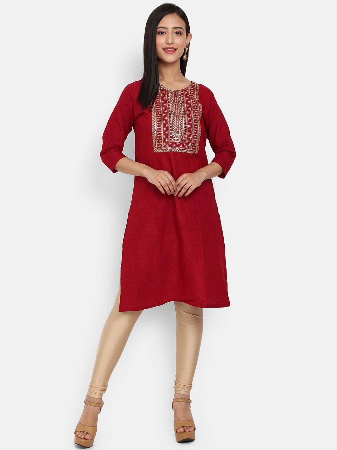 

V-Mart Women Maroon & spartan crimson Yoke Design Thread Work Kurta