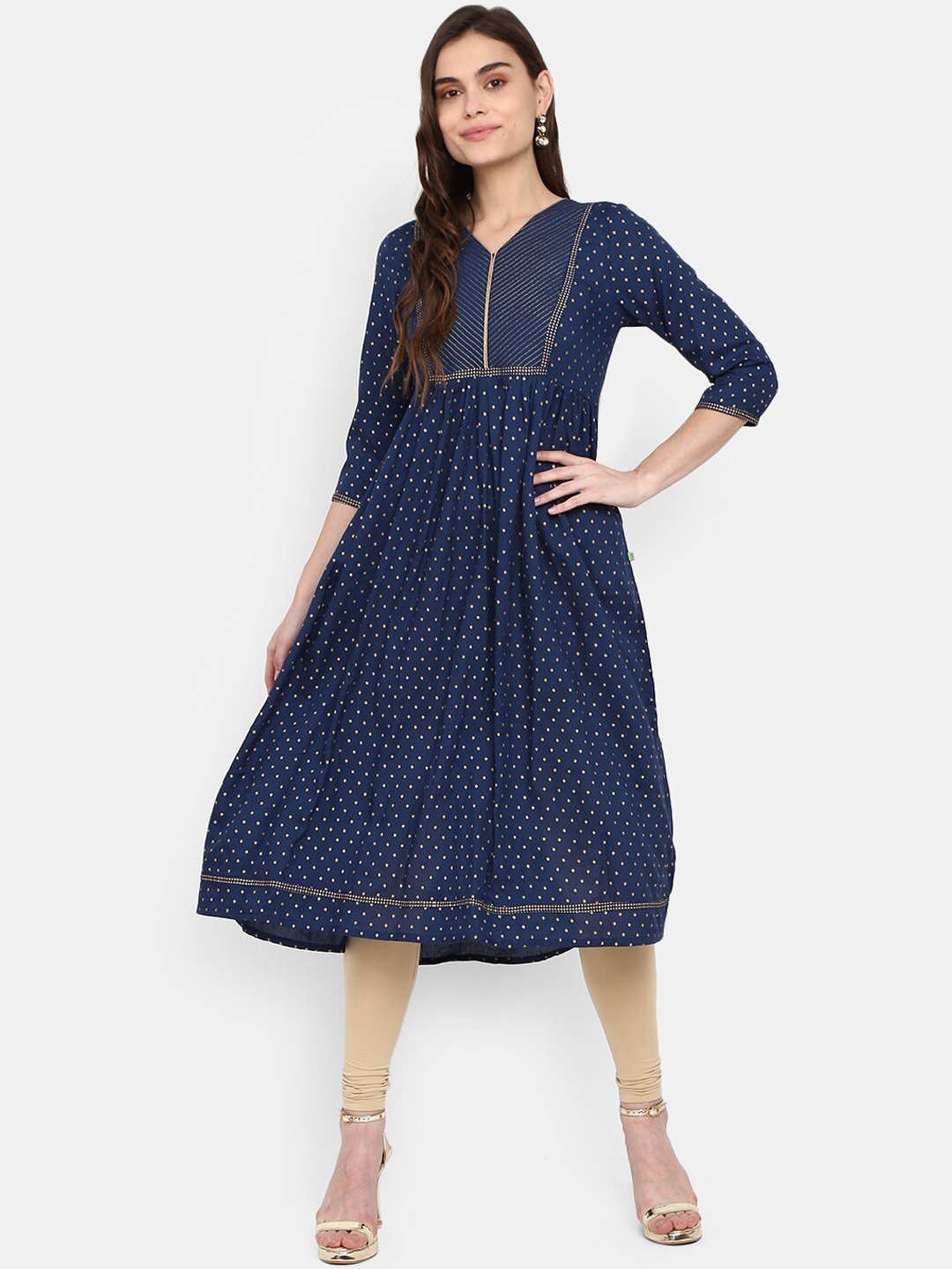

V-Mart Women Navy Blue Ethnic Motifs Printed Gotta Patti Anarkali Kurta