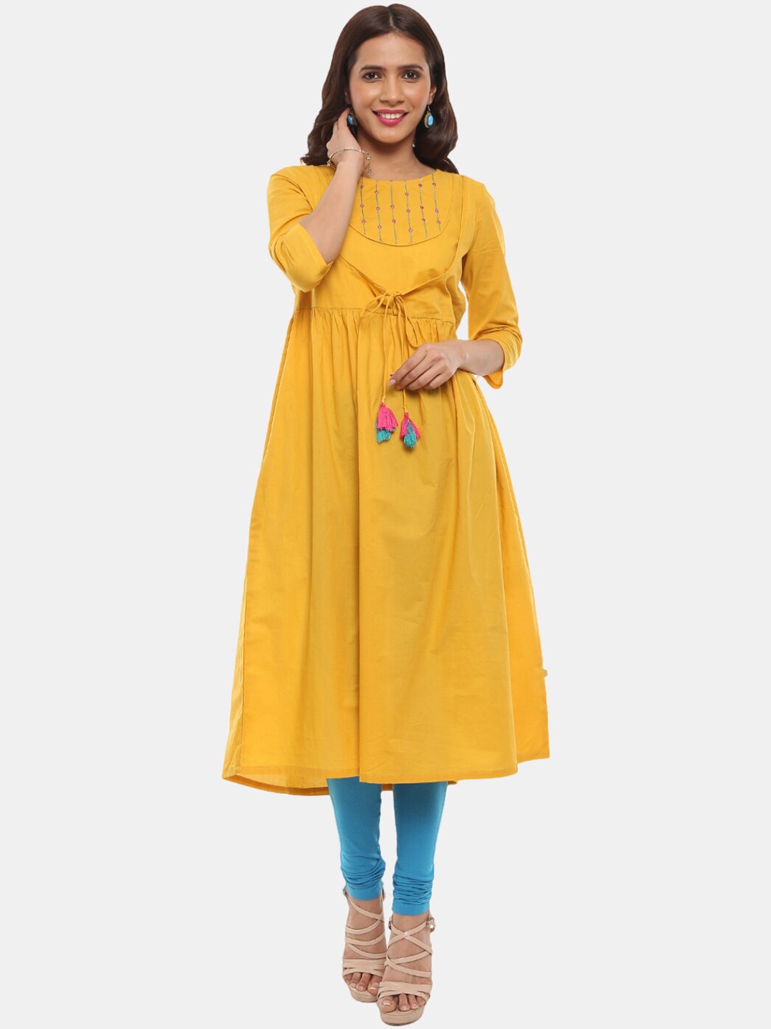 

V-Mart Women Mustard Yellow Embroidered Flared Sleeves Mirror Work Anarkali Kurta