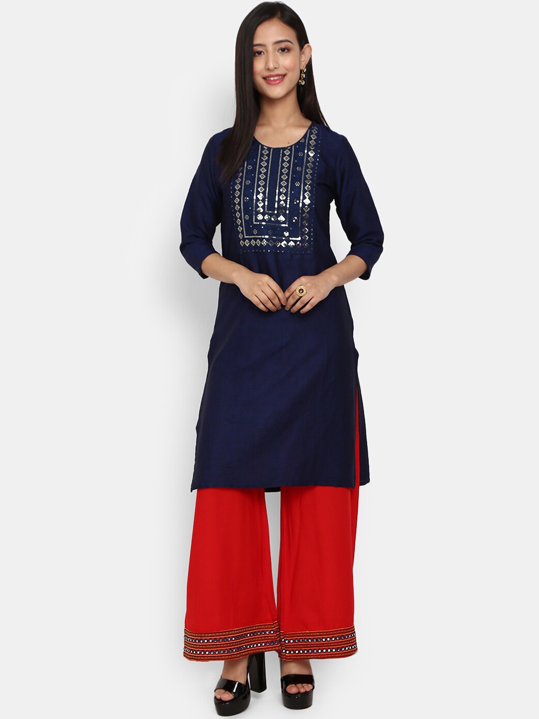 

V-Mart Women Navy Blue Embroidered Cold-Shoulder Sleeves Mirror Work Kurta