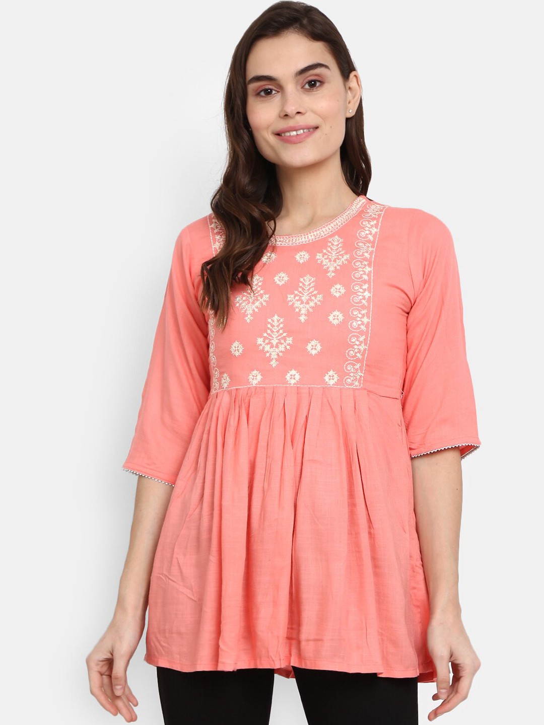 

V-Mart Women Peach-Coloured & desert flower Flared Sleeves Kurta