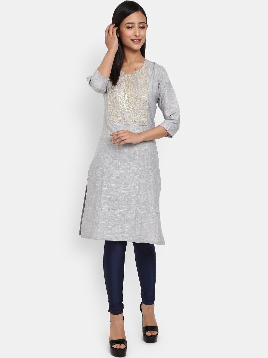 

V-Mart Women Grey Thread Work Kurta