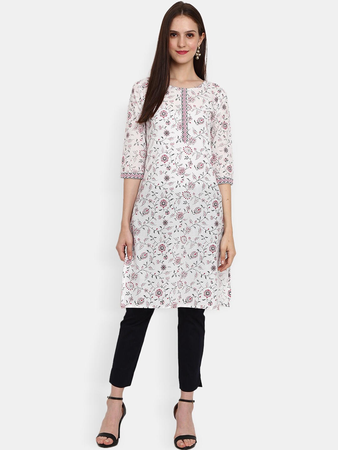 

V-Mart Women White & christmas silver Floral Printed Cold-Shoulder Sleeves Thread Work Kurta