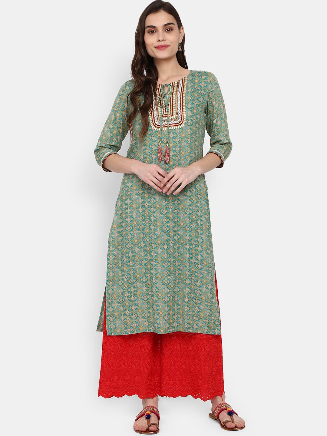 

V-Mart Women Teal & silver sage Ethnic Motifs Printed Thread Work Kurta