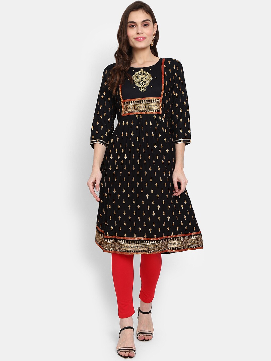 

V-Mart Women Black Ethnic Motifs Printed Flared Sleeves Gotta Patti Anarkali Kurta