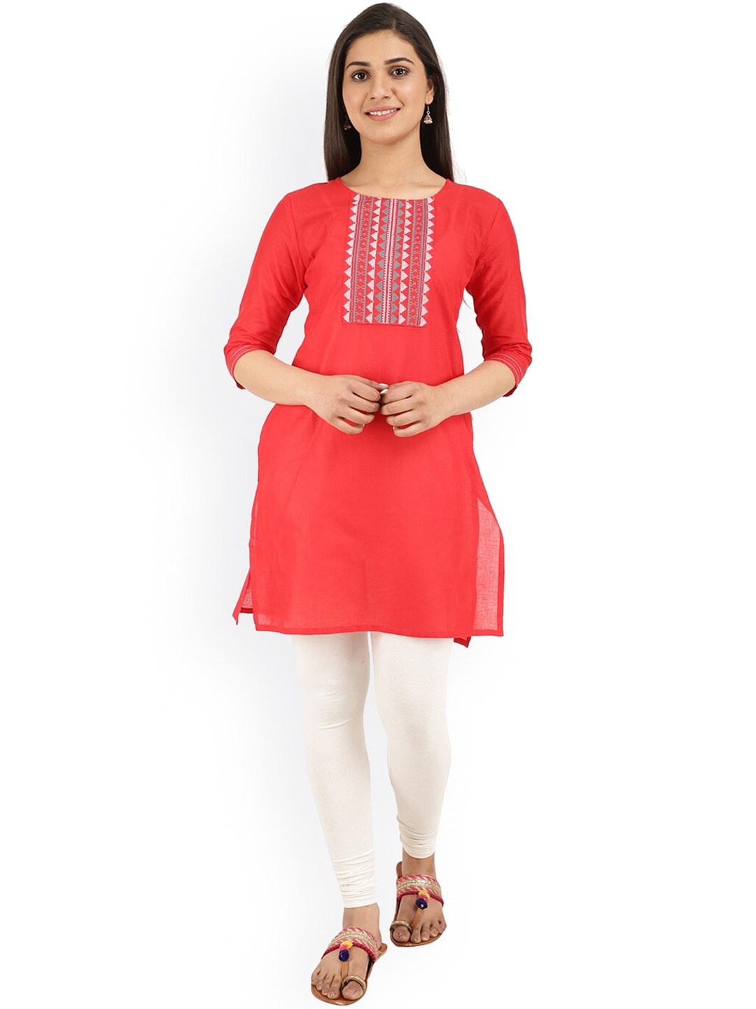 

V-Mart Women Red & tart orange Embroidered Thread Work Kurta