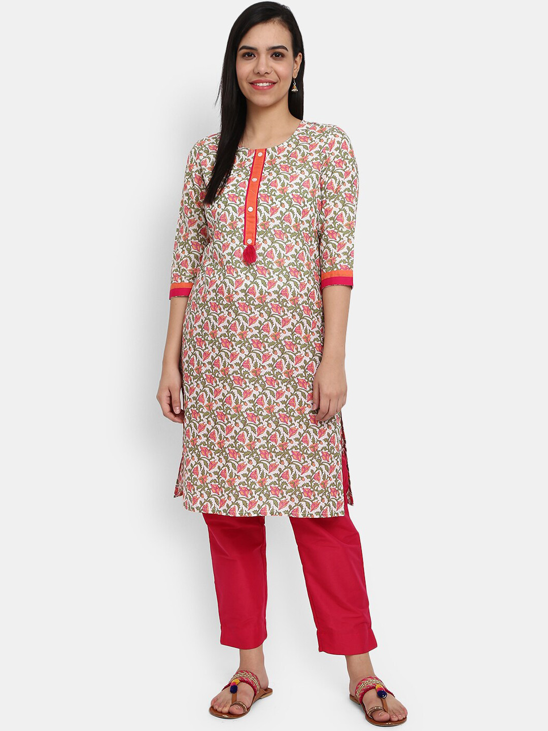 

V-Mart Women Peach-Coloured Floral Printed Thread Work Kurta